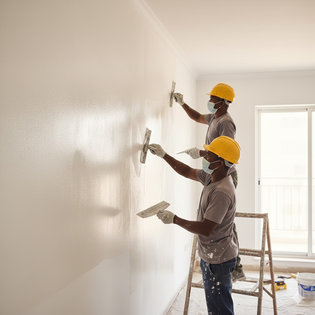 Contractors applying white cement products on site
